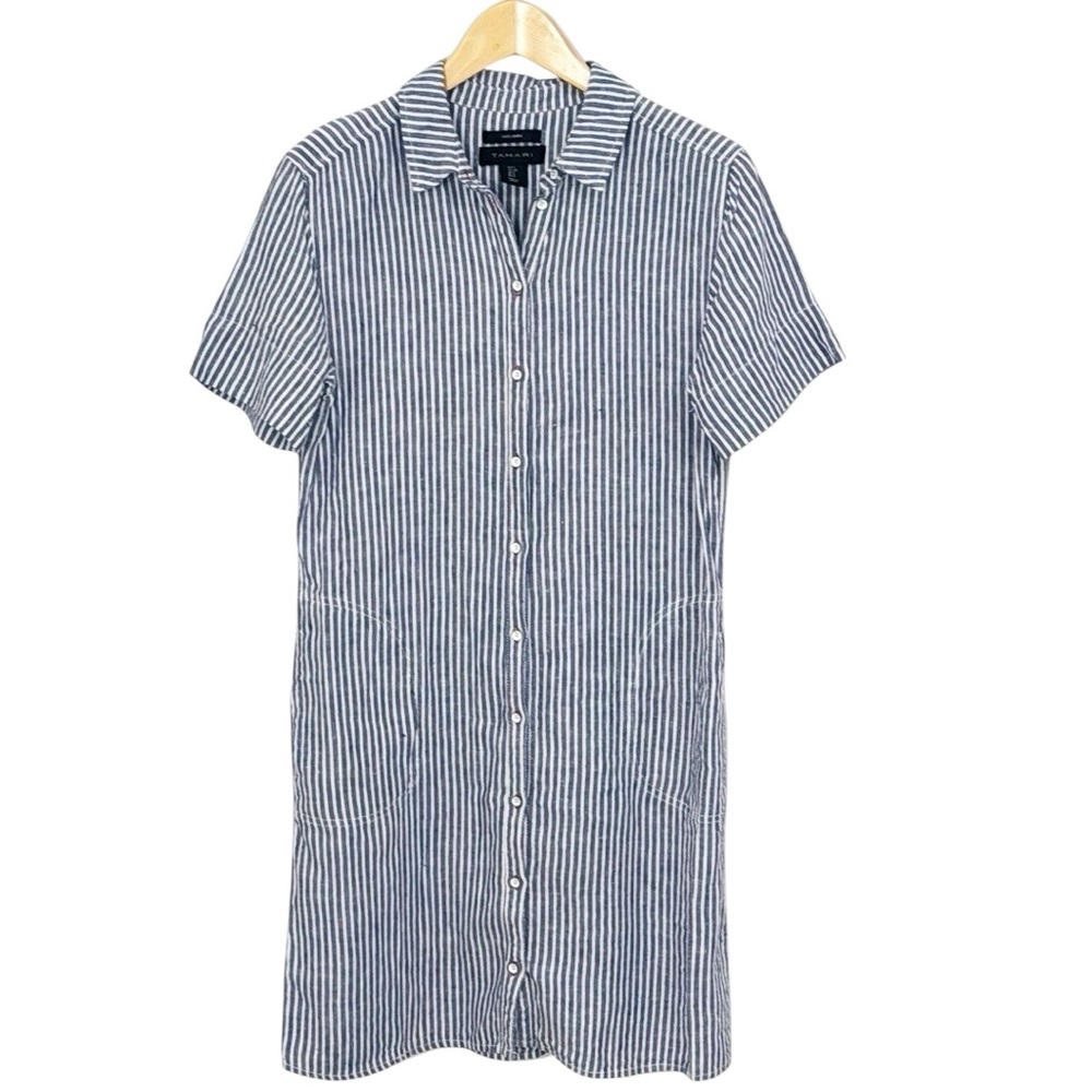 TAHARI Striped Blue Linen Dress Short sleeved Button Front Size Small EUC